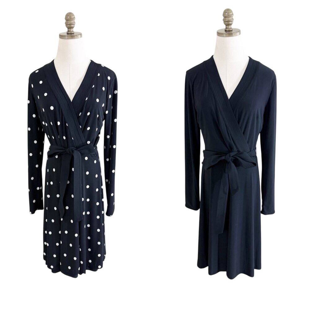 NWT WHBM Black and White Polka Dot Reversible Dress Sz 10 Wrap Style Long Sleeve